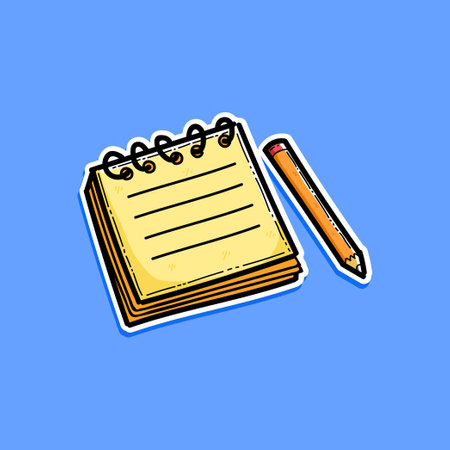 A yellow notes with pencil vector illustration design isolated in a blue background. Classic notebook and pencil. Write down your notes.のイラスト素材