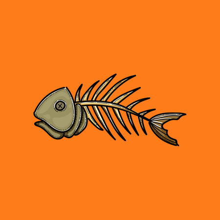 Dark Green illustration features a detailed fish skeleton laid against a vivid orange backdrop,...