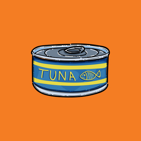 Illustration of a Tuna Can on Bright Orange Background for Food Design. This image highlights packaging design and can be used in food-related publications or advertisements.のイラスト素材