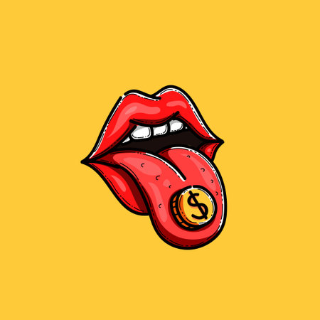Colorful pop art illustration featuring red lips and a dollar coin on the tongue, set against a vivid yellow background. Represents concepts of wealth, expression, and contemporaryのイラスト素材