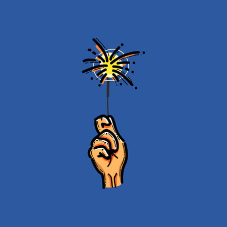 Illustration of a hand holding a lit sparkler against a blue background, symbolizing celebration, festive joy, and holiday spirit. The vibrant composition conveys excitement.のイラスト素材