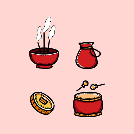 Vector illustration featuring traditional ritual items, including incense sticks, a drum, a gong, and a jar, all in a red and gold color scheme, set against a pastel pink backdrop.のイラスト素材