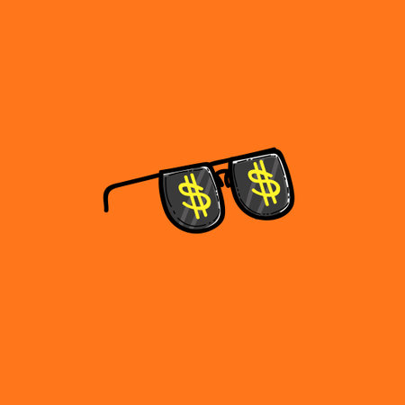 Vector illustration of trendy black sunglasses decorated with striking dollar signs, set against a bold orange backdrop. Captures themes of wealth, fashion.のイラスト素材