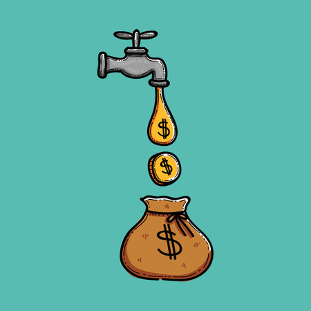 Illustration of a faucet dripping dollar symbols into a money bag, symbolizing cash flow, investment, or financial growth. Perfect for concepts of savings, economy, or money makingのイラスト素材