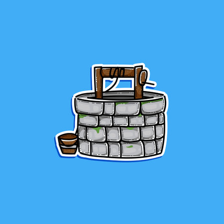 A hand drawn illustration of a vintage stone well with a bucket, surrounded by a solid blue background. Ideal for use in themes related to rural life, history, or traditional toolsのイラスト素材