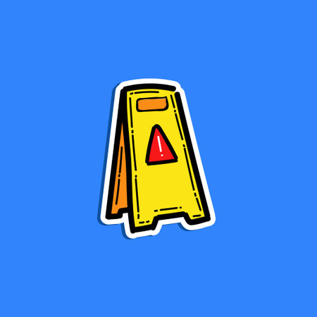 Illustration of a safety caution sign, slippery sign floor against a vibrant blue background, emphasizing safety and warnings.のイラスト素材