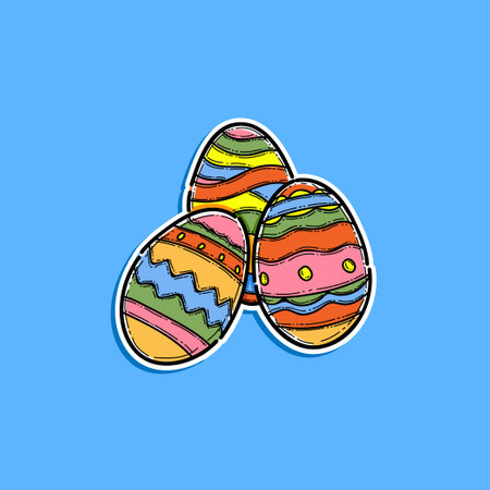 Colorful Hand Drawn Easter Eggs Illustration On a Vibrant Blue Backgroundのイラスト素材