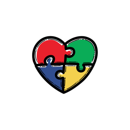 A vibrant illustration of a heart shape "autism heart" composed of four colorful puzzle pieces, symbolizing unity, diversity, and emotional connection.のイラスト素材