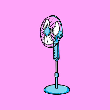 Bright cartoon-style depiction of a blue stand fan on a bold pink background, showcasing summer themes and household comfort.のイラスト素材