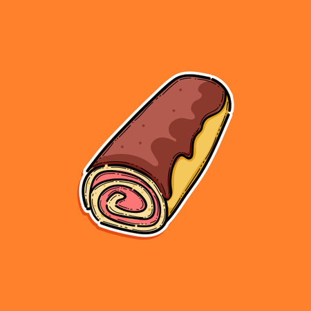 A colorful vector illustration of a Swiss roll dessert featuring chocolate glaze and vibrant details, set against an orange backdrop. Perfect for culinary design, dessert concepts.のイラスト素材