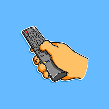 Illustrated Hand Holding a Television Remote Control on a Blue Backgroundのイラスト素材