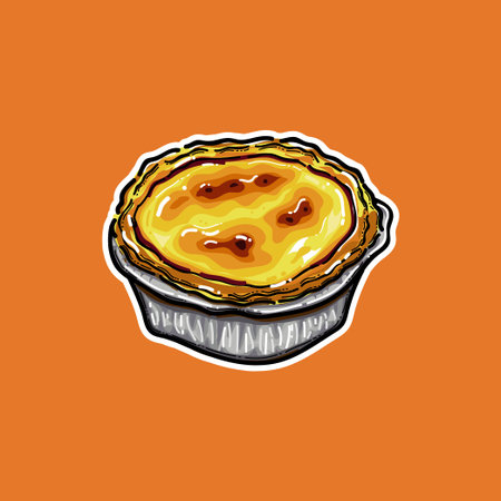 Illustration of Traditional Delicious Egg Tart Dessert On Orange Background, Sticker Style Posterのイラスト素材