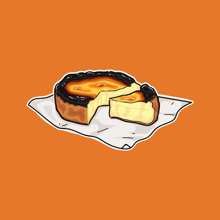 Illustration of Burnt Cheesecake Slice on Orange Background Emphasizing The Dessert Texture and Colors.のイラスト素材