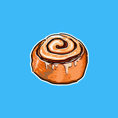 Illustration of a Sweet Cinnamon Roll with Icing on a Blue Background. Perfect for concepts of sweet treats, bakery products, or artistic food visuals.のイラスト素材