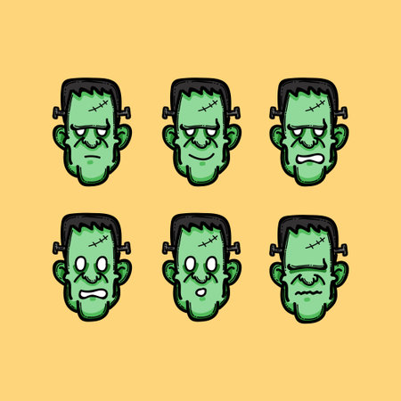 Cartoon Frankenstein Faces Displaying Various Emotions on a Bright Yellow Backgroundのイラスト素材