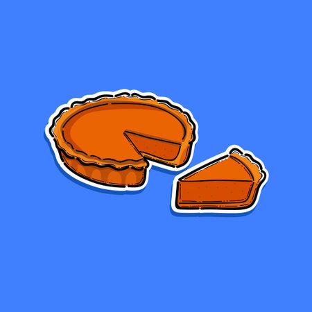 Vector illustration of a pumpkin pie with a slice removed, shown on a solid blue background, evoking...