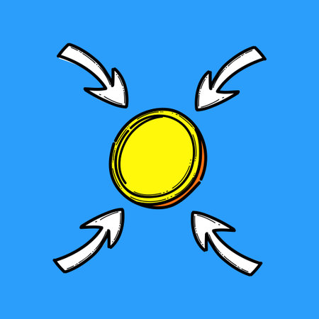 Bright Yellow Coin Centered By Four Arrows Pointing Inward On Blue Background for Finance and Investment Conceptのイラスト素材
