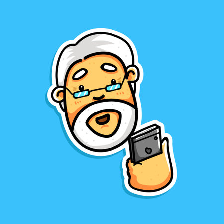 A cheerful cartoon grandfather with white hair and beard, wearing glasses, holds a smartphone against a vivid blue background. Modern, family-friendly illustration perfect for techのイラスト素材