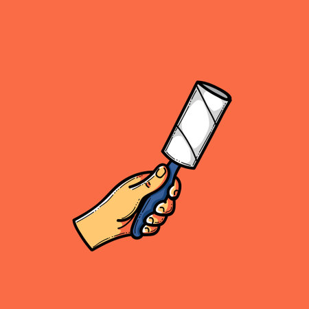Cartoon Hand Gripping Pet Sticky Hair Remover Roll Tool in Bold Pop Art Style on Bright Orange Backgroundのイラスト素材