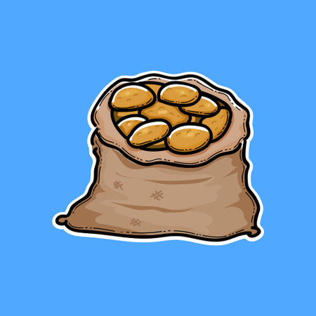 Burlap sack full of ripe potato, hand drawn, sketch style vector illustration isolated on blue background. Hand drawn full burlap potato sack, isolated vector illustrationのイラスト素材
