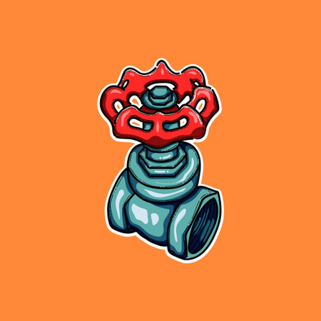 Cartoon Water Valve With Red Handle On Teal Pipe Illustration On Orange Backgroundのイラスト素材