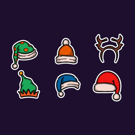 Christmas and New Year decorations, Santa Claus hats, funny elf caps, deer horns, carnival party hat. Bright, colorful art. Trendy modern vector illustration, hand drawn, flat designのイラスト素材