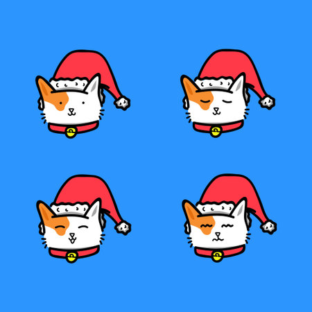 Four cartoon cats wearing Santa hats sit in a cheerful grid on a vivid blue background, radiating holiday warmth, friendship, and playful Christmas charm.のイラスト素材