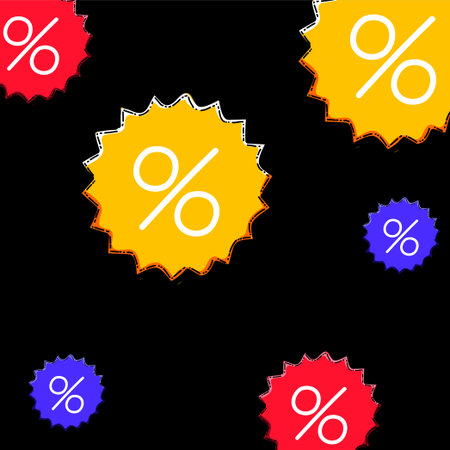 Colorful Discount Badges With Percent Symbols On Black Background For Promotions, Savings and Black Friday Themeのイラスト素材