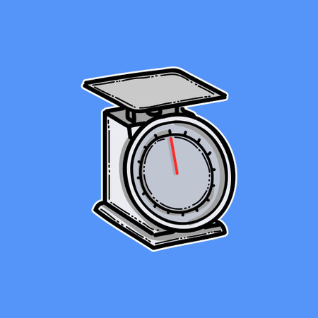 Cartoon Kitchen Scale With Dial And Tray On Blue Background For Food, Home, And Cooking Useのイラスト素材
