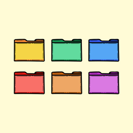 Six bright folders arranged in a grid, perfect for highlighting organization, color coding, and digital filing. Vibrant, playful style suitable for UI design, productivity topics,のイラスト素材