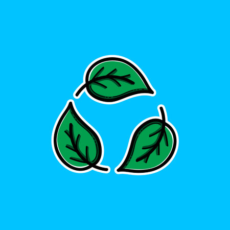Three Green Leaves Create A Recycling Symbol On Bright Blue Background â€“ Eco Icon...