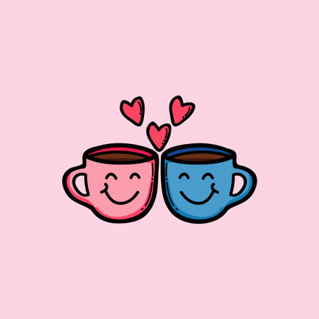 Bright, cheerful illustration of two happy coffee mugsâpink and blueâwith smiling faces and warm beverages. Hearts float above, conveying love, friendship, and cozy togetherness.のイラスト素材