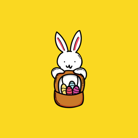 A playful cartoon bunny holds a basket filled with colorful Easter eggs against a vibrant yellow backdrop. Perfect for spring, Easter, family, and holiday-themed visuals in stock.のイラスト素材
