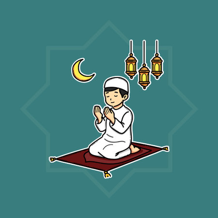 Muslim Prayer At Night On Prayer Rug With Crescent Moon And Lanternsのイラスト素材