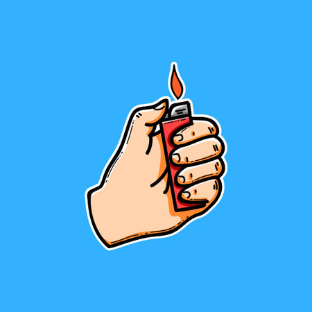A colorful cartoon illustration of a hand gripping a lit lighter with a small orange flame against a clean blue background, conveying heat, ignition, action, and playful pop-art.のイラスト素材