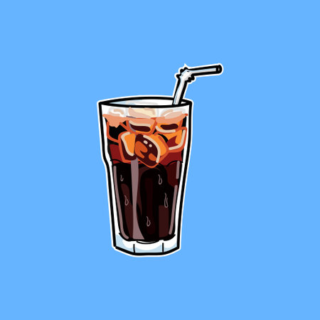 Chilled americano served in a tall glass with ice cubes and a straw, set against a bright blue...