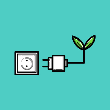 Minimal graphic of an electrical plug and wall socket connected to a young green plant, representing...