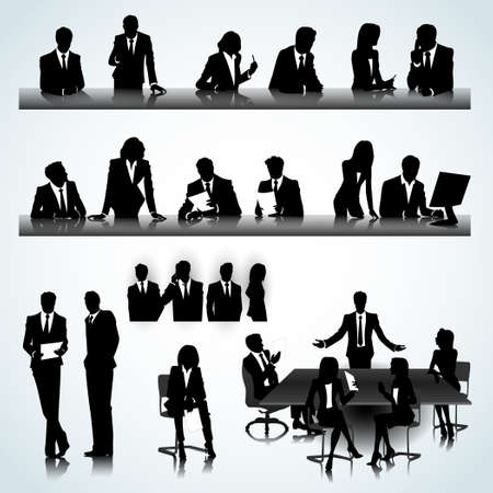 Set of business people silhouettes on the office backgroundのイラスト素材