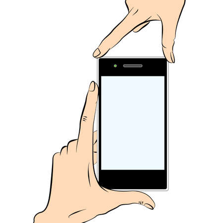Human hands holding a black smart phoneのイラスト素材