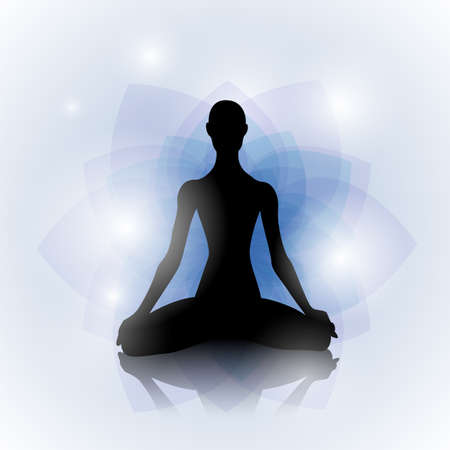 Female silhouette in yoga pose on abstract lotus backgroundのイラスト素材