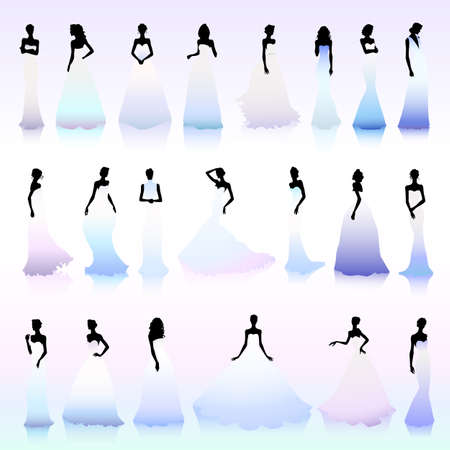 Set of female silhouettes in color wedding dressesのイラスト素材