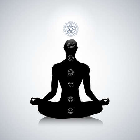 Male silhouette in yoga pose with abstract chakra symbolsのイラスト素材