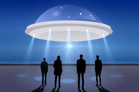 Group of men looking at UFO in the dark night skyのイラスト素材