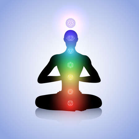 Male silhouette in yoga pose with abstract chakra symbolsのイラスト素材
