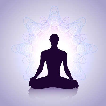 Male silhouette in yoga pose with abstract energy symbolのイラスト素材