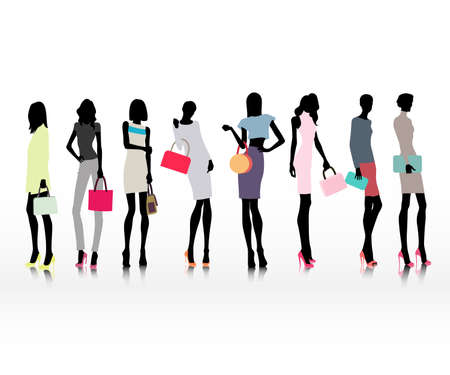 Group of female models dresses in fashion clothes with bags, purchaseのイラスト素材