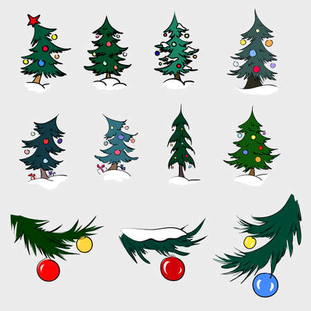 Christmas trees, baubles, presents, star, snowのイラスト素材
