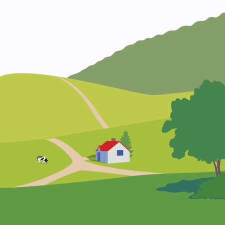 Vector illustration with forest, fields, cabin and cowのイラスト素材