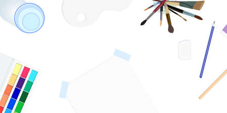 Illustration of workplace with brushes, pencils, eraser, watercolor, paper.のイラスト素材