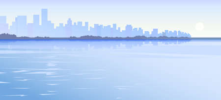 Vector illustration of sea or ocean on the cityscape backgroundのイラスト素材